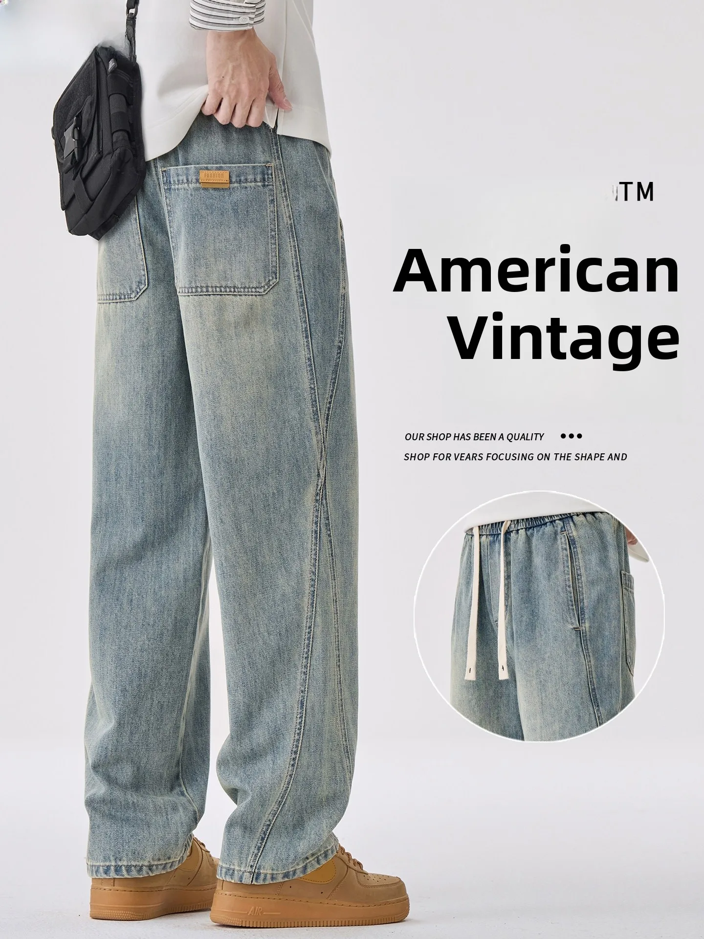 

Retro Washed Men's Jeans Spring Autumn Loose Straight American Style Casual Pants Wide Leg Comfortable Classic Blue Denim