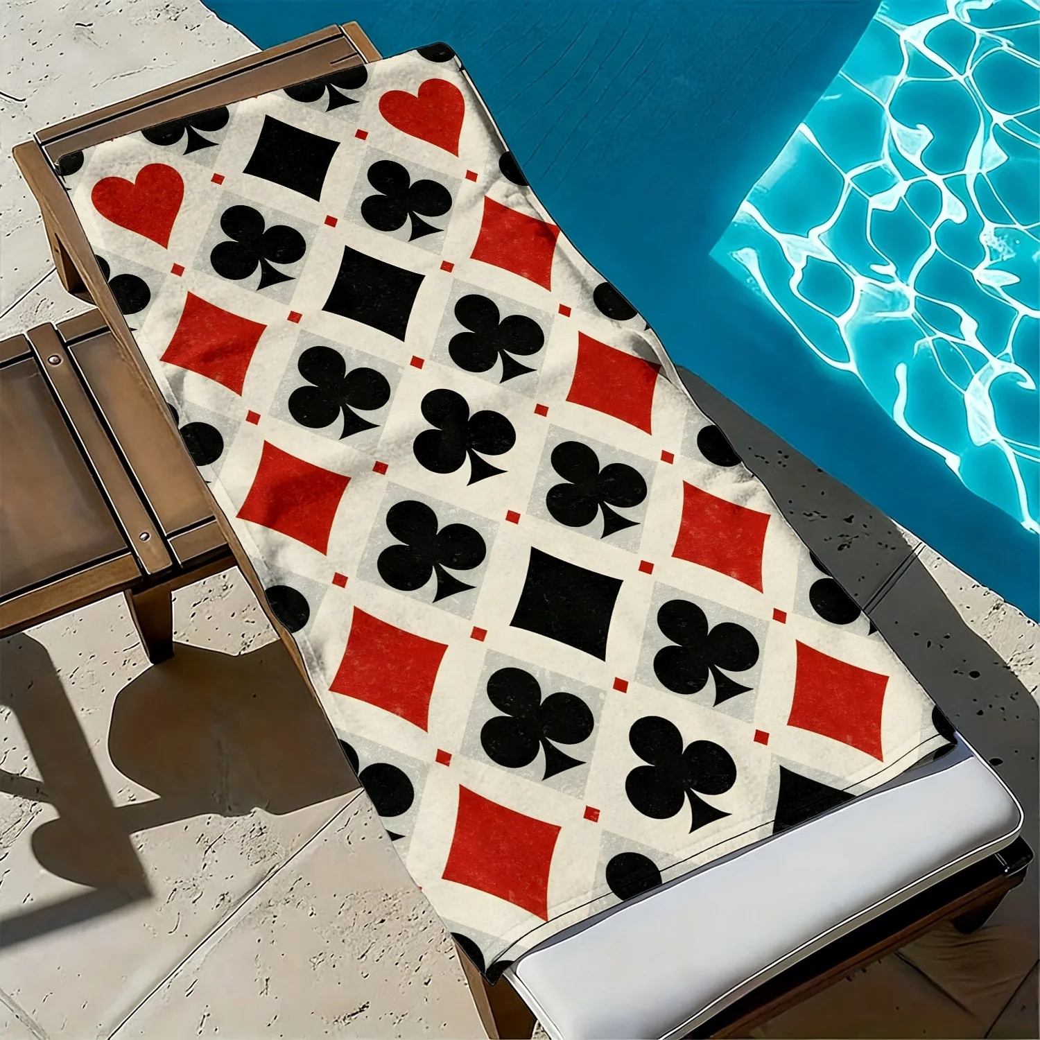 Black suit with red heart and diamond polyester microfiber beach towel is highly absorbent, suitable for swimming beach outings