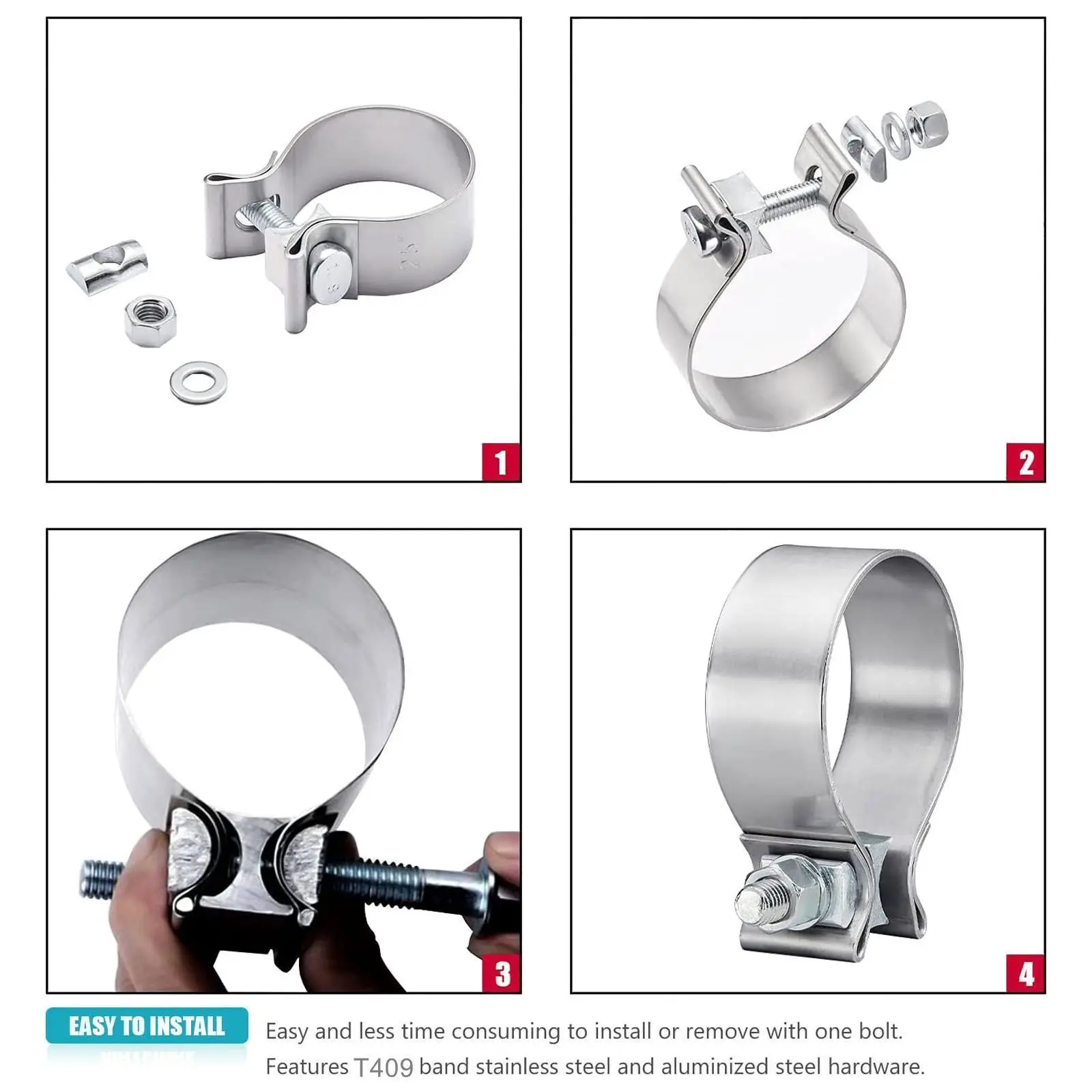 For Mufflers Catalytic Converters Silver 4pcs 2.5 Inch T409 Stainless Steel Narrow Band Exhaust Clamps Seal Band 4