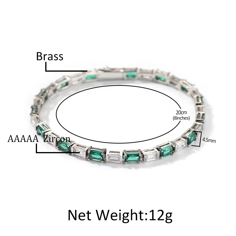 UWIN 4.5mm Square Zirconia Bracelet Emerald Color Iced Out Baguettecz Cubic Zirconia Fashion Luxury Hiphop Jewelry