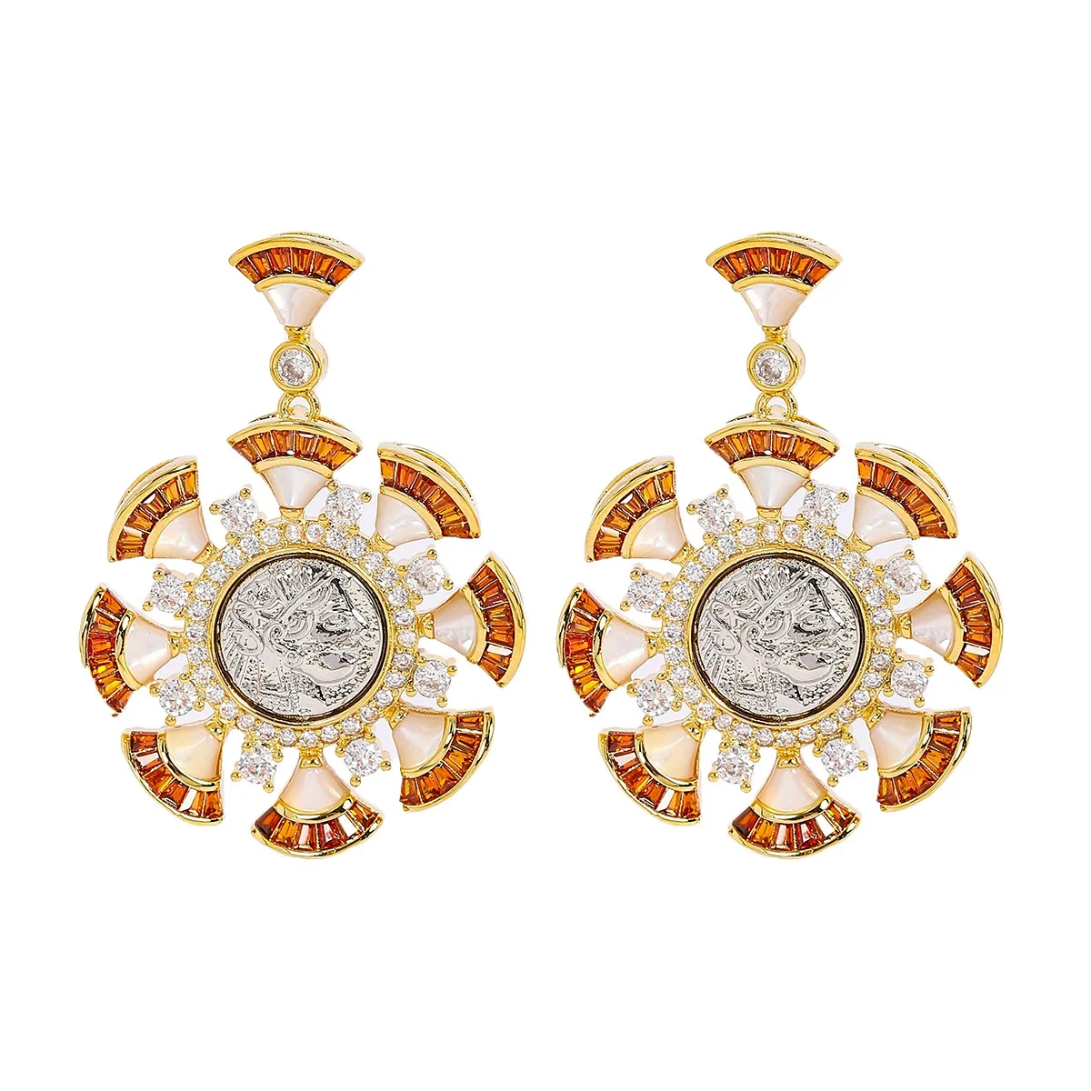 Gold Tone Vintage Coin Sunflower Drop Earrings with Colored Rhinestone & Enamel Accents for Women Party