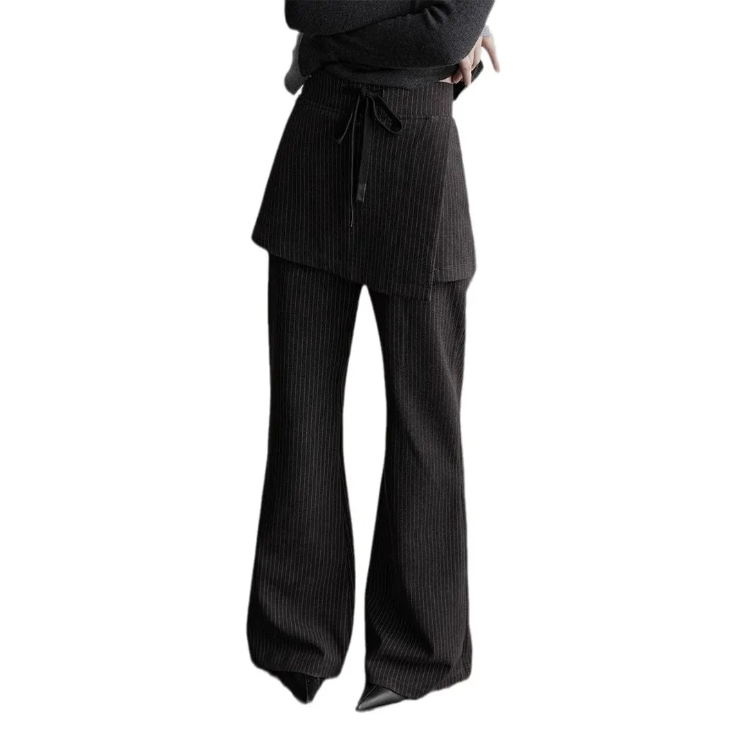 Autumn New Design Black Temperament Long Pants Fake Two Slim and Versatile Bootcut Casual Skirt Pants for Women