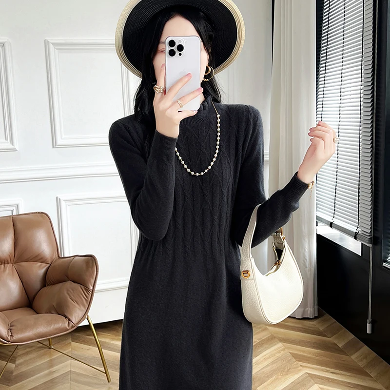 

Fashion 100% Merino Wool Knit Dress Solid Color Dress Women Soft Long Sleeves Fashion Clothing Comfortable Casual Long Dress