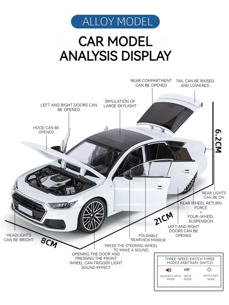 1:24 A7 نسخة سيارة الشارع سبيكة ميتا دييكاست نموذج سيارة الصوت والضوء ، لعبة سيارة للأطفال مقتنيات الكبار هدية عيد ميلاد