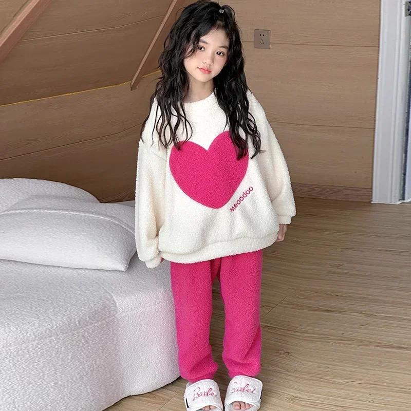 Warm pajama Girl Loungewear Heart Print Graphic Plush Girls Pajamas for Children's Pajamas Christmas Autumn Winter Sleepwear