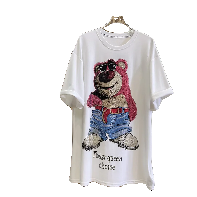 Fashion Cartoon Bear Rhinestone Top 2024 Summer New Loose Mid-Length Short Sleeve T-shirt Women Black Round Neck Casual Top