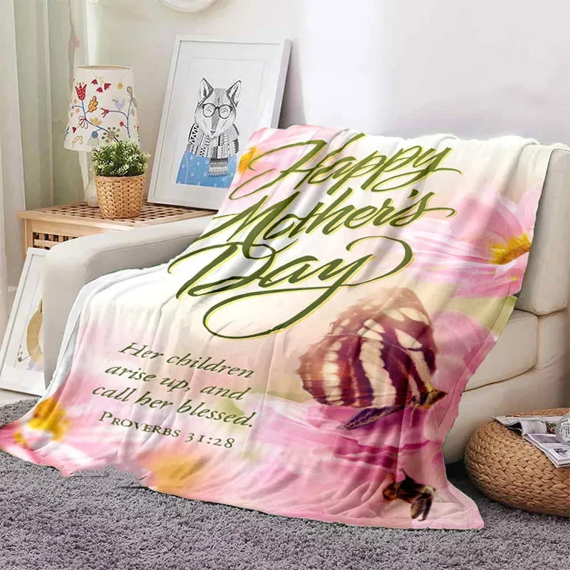 Mother's Day Blessings Theme Flannel Throw Blankets Children Teen Warm Beautiful Blankets Soft Comfortable Gift for Mom Festival