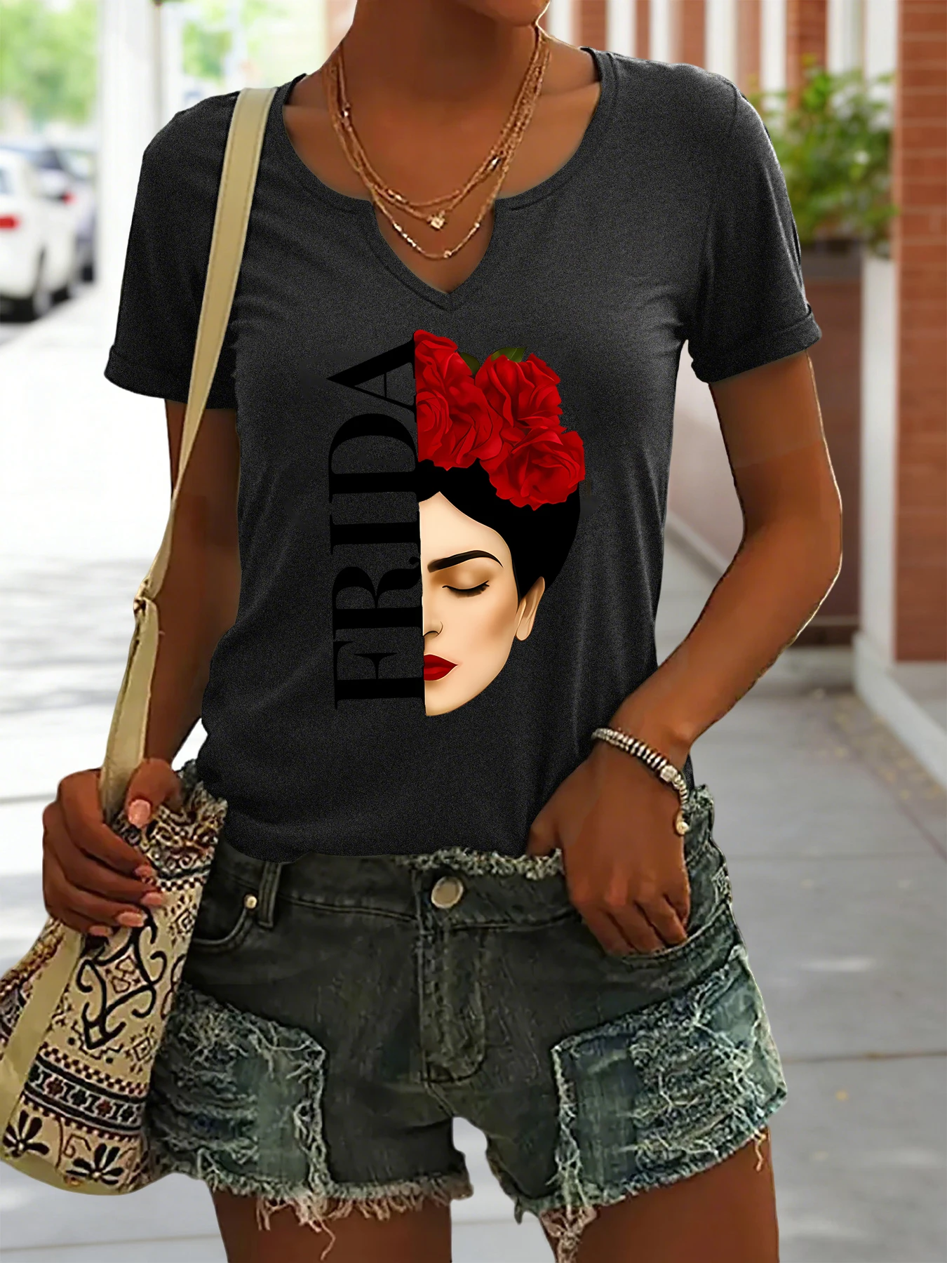 Women's Summer V-Neck Short Sleeve T-Shirt, Frida Kahlo with Red Roses Print, Artistic Feminist Casual Fashion Top view 4
