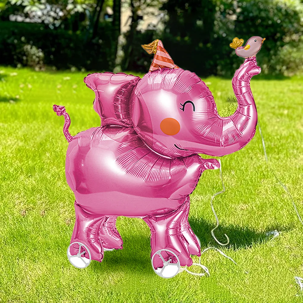 1 Stück rosa Elefanten-Folienballon mit Rädern, geeignet für Geburtstagsfeiern, Tier-Geburtstagsfeiern und Dschungel-Partydekorationen