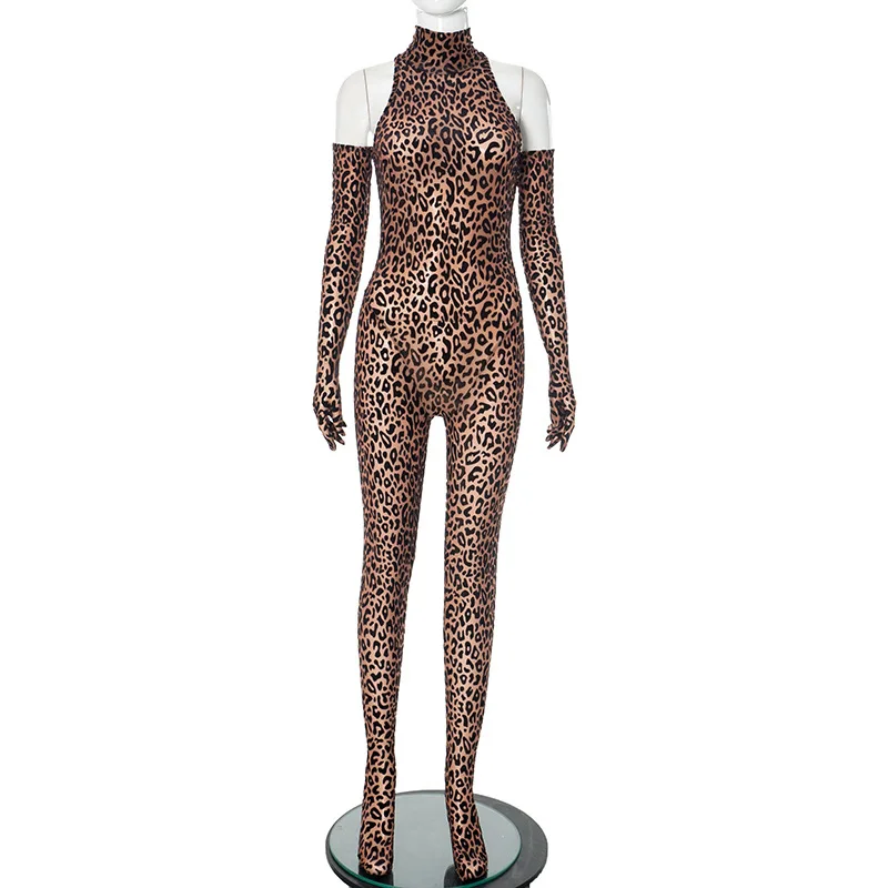 Macacão com estampa de leopardo sexy gola alta macacões finos com luvas de manga comprida feminino macacão de clube da meia-noite