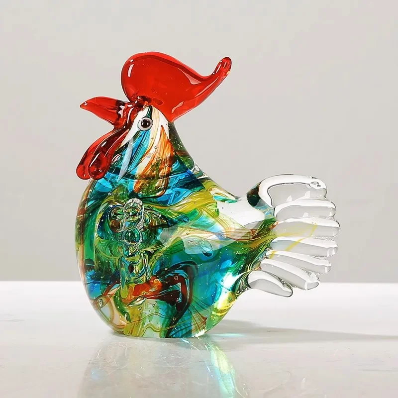 Hand Crafted Coloured Glaze Rooster Statues Glass Figurines For Home Tabletop Decoration