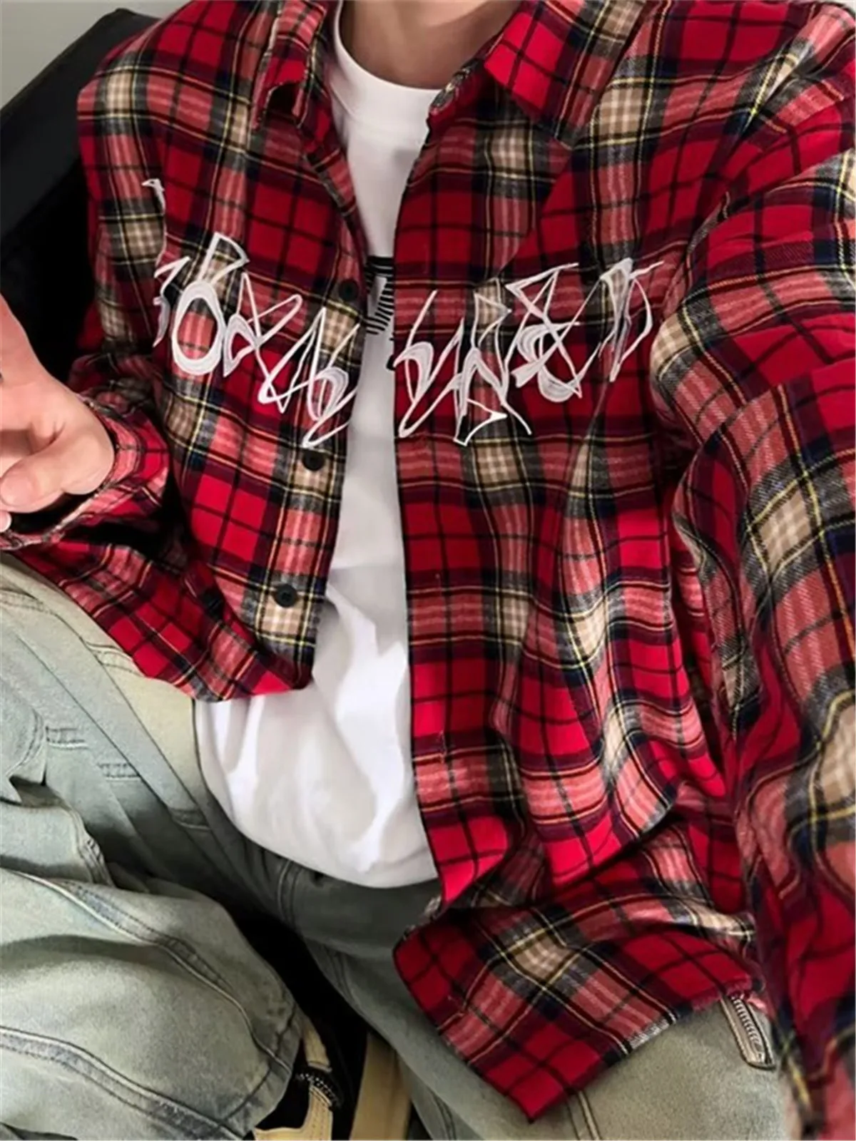 

Red Plaid Long Sleeve Men's Shirt American Retro Embroidery Loose Trendy High Street Coat Spring New Style Casual Style