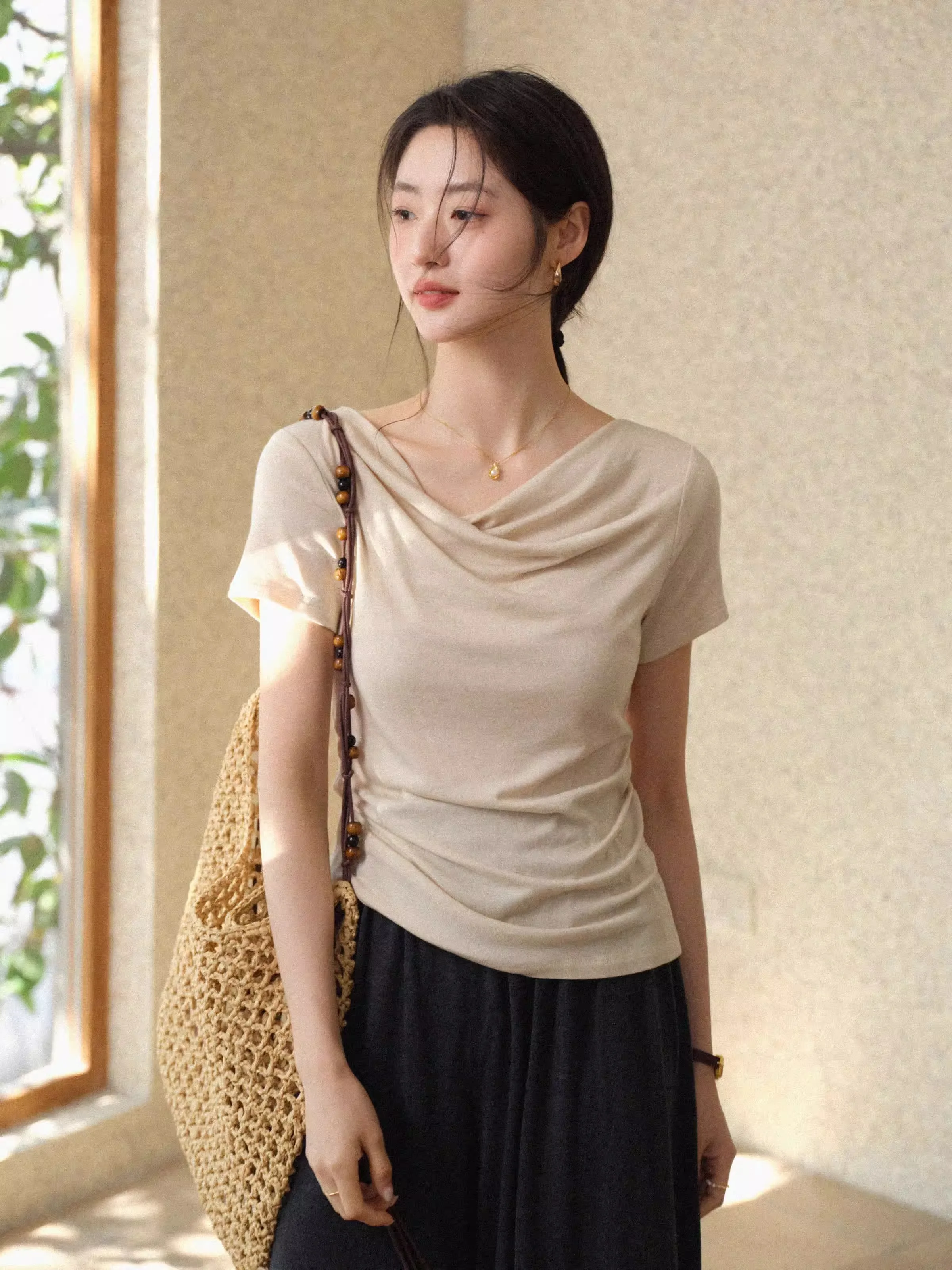 Women Draped Cowl Neck T Shirt Elegant Slim Fit Short Sleeve Summer Casual Fashion Stretch Top Vintage Chic Daily Lady Soft Tee