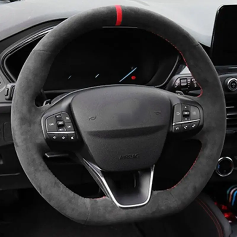 Protector para volante de coche personalizado con trenza de gamuza de cuero genuino para Ford Focus ST ST-Line 2019-2020 Fiesta ST ST-Line 2018-2019