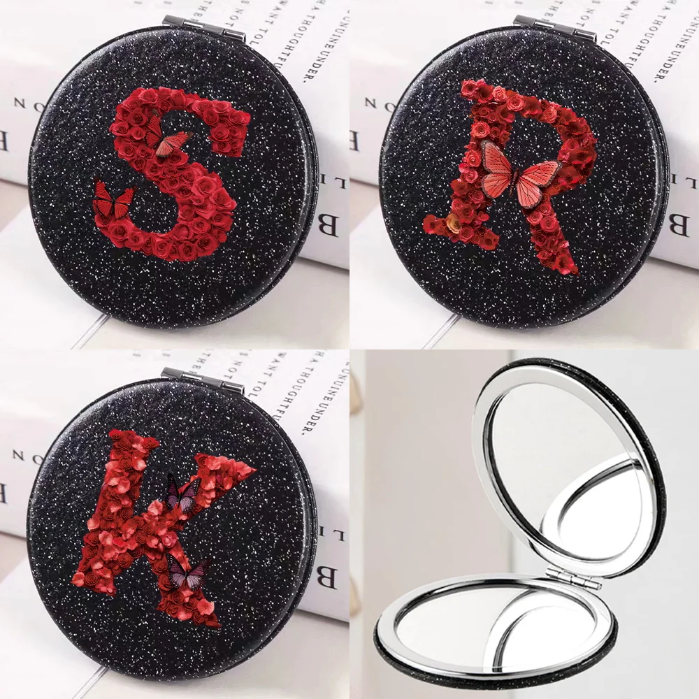 Folding Vanity Mirror Durable Makeup Mirror Essential Ideal Valentine's Day Gift Red Rose Initial 26 Letters Pattern