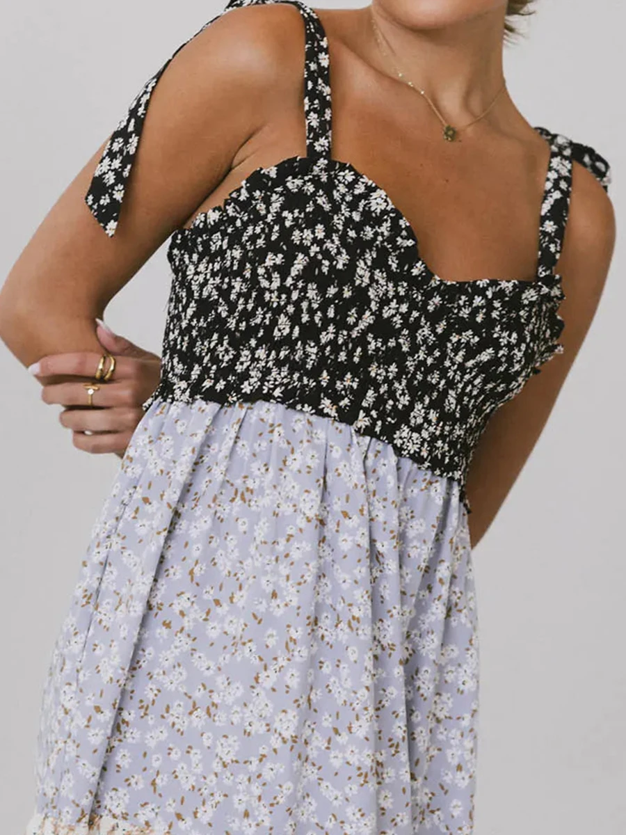 Nova moda feminina floral gravata ombro vestido com decote em v sem mangas aberto volta em camadas plissado vestido longo para festa diária viagem S-XL