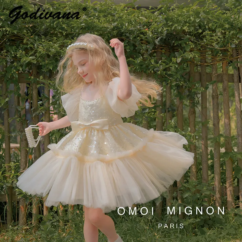 Original French High End Heavy Baby Girls Sweet Tulle Princess Dress Kids Mesh Bow Puff Sleeve Sequin Pearls Ruffle Casual Gown