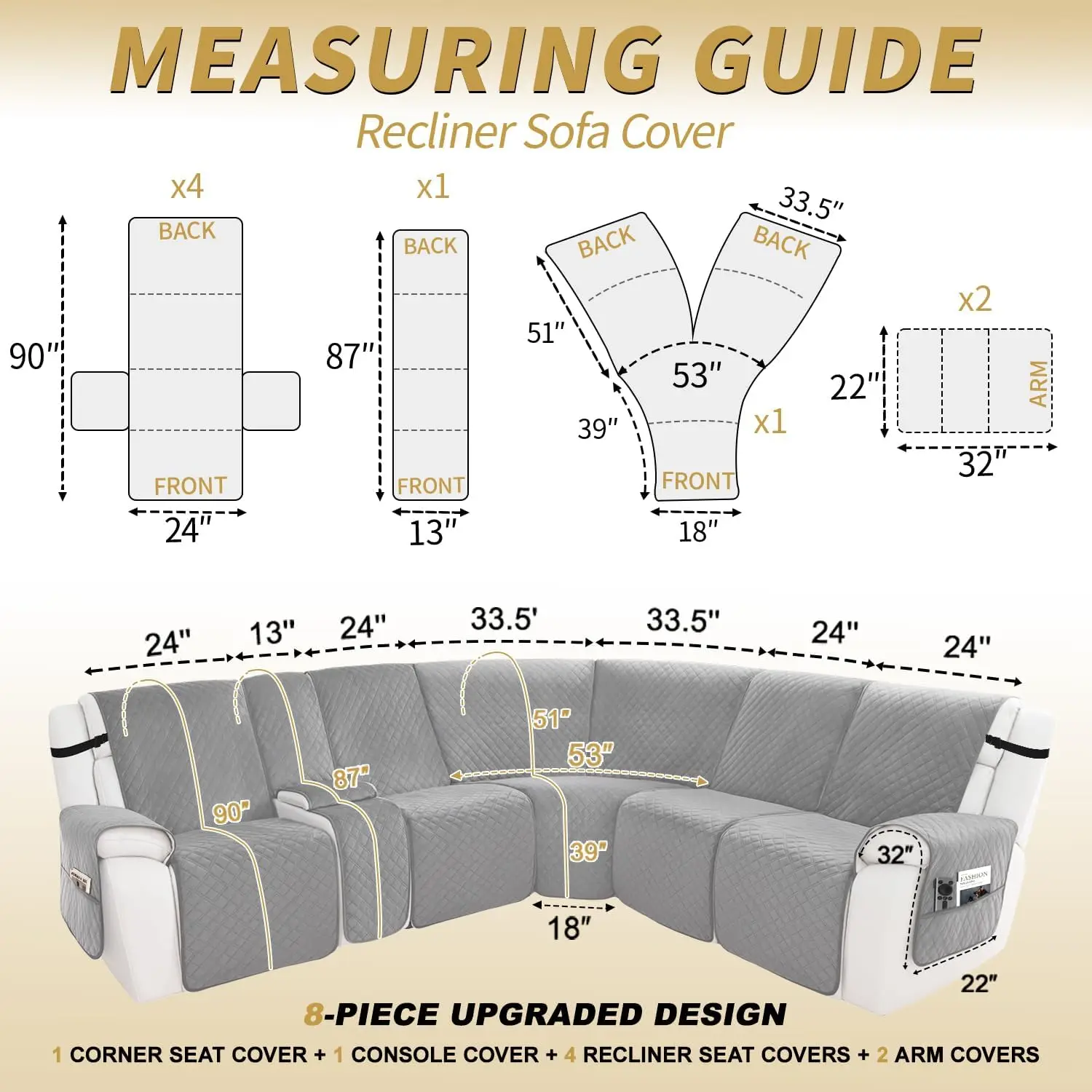 Capa de sofá secional reclinável à prova d'água antiderrapante lavável em forma de L 5 assentos 1 console cinza prateado