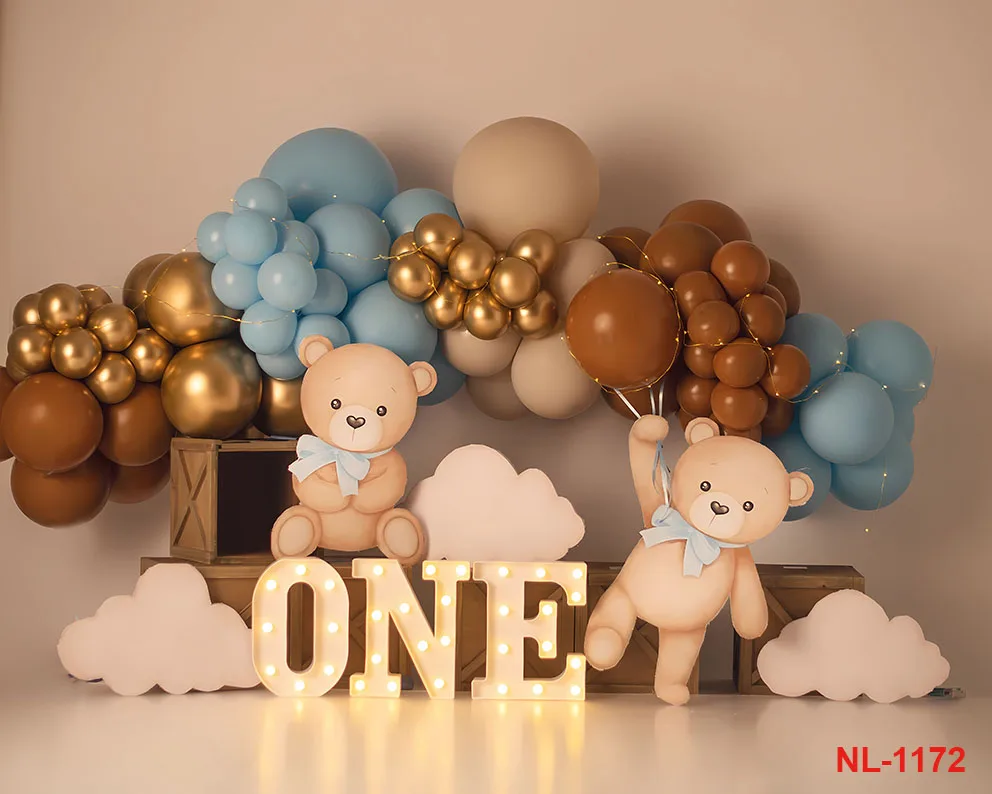 One Year Old Baby Birthday Backdrop Toys Bear White Balloons Children Portrait Photography Background Kids Baby Shower Banner