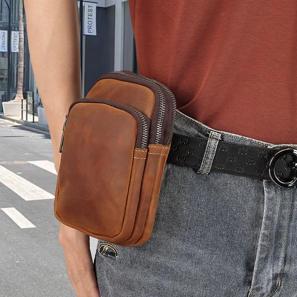 Genuine leather mobile phone waist bag, men wear belt, wear-resistant cowhide, multi-zipper, large-capacity waist strap