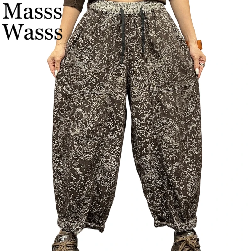 

Mass Wasss 2025, зимние женские модные свободные винтажные джинсовые брюки, женские повседневные классические шаровары с эластичной резинкой на талии, джинсы с принтом