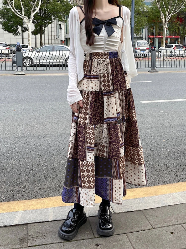Spódnice Vintage Kobiety Styl Ludowy Retro Wysoka Talia Nadruk Patchwork A-line Midi Literatura Sztuka Stylowy Luźny Design Harajuku Nowość — zdjęcie 2