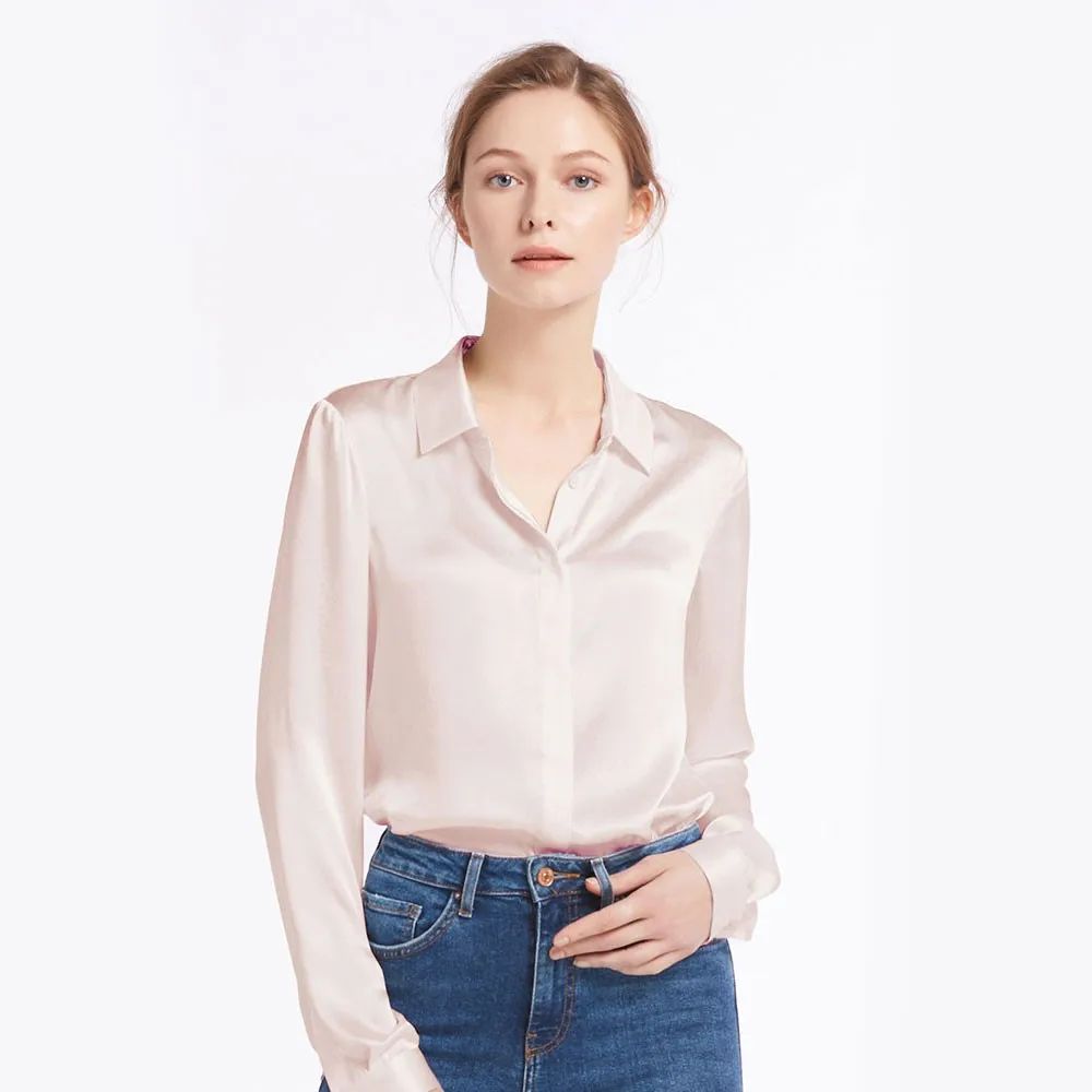 100% Real Silk Shirts Blouse Women 22 momme Basic Placket Chinese Charmeuse Natural Glossy Elegant Ladies Long sleeves