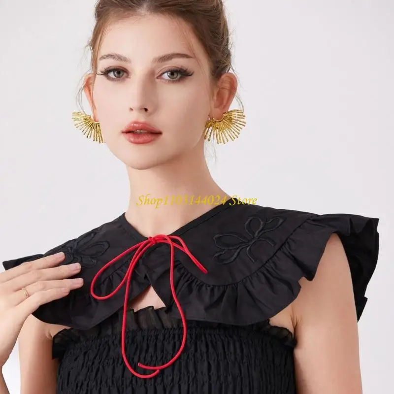 n5ke-courtstyle-取り外し可能な襟、フリルトリムと刺繍付き-ちょう結びシャツカラー-ショールラップ-フォーマルシーンアクセサリー