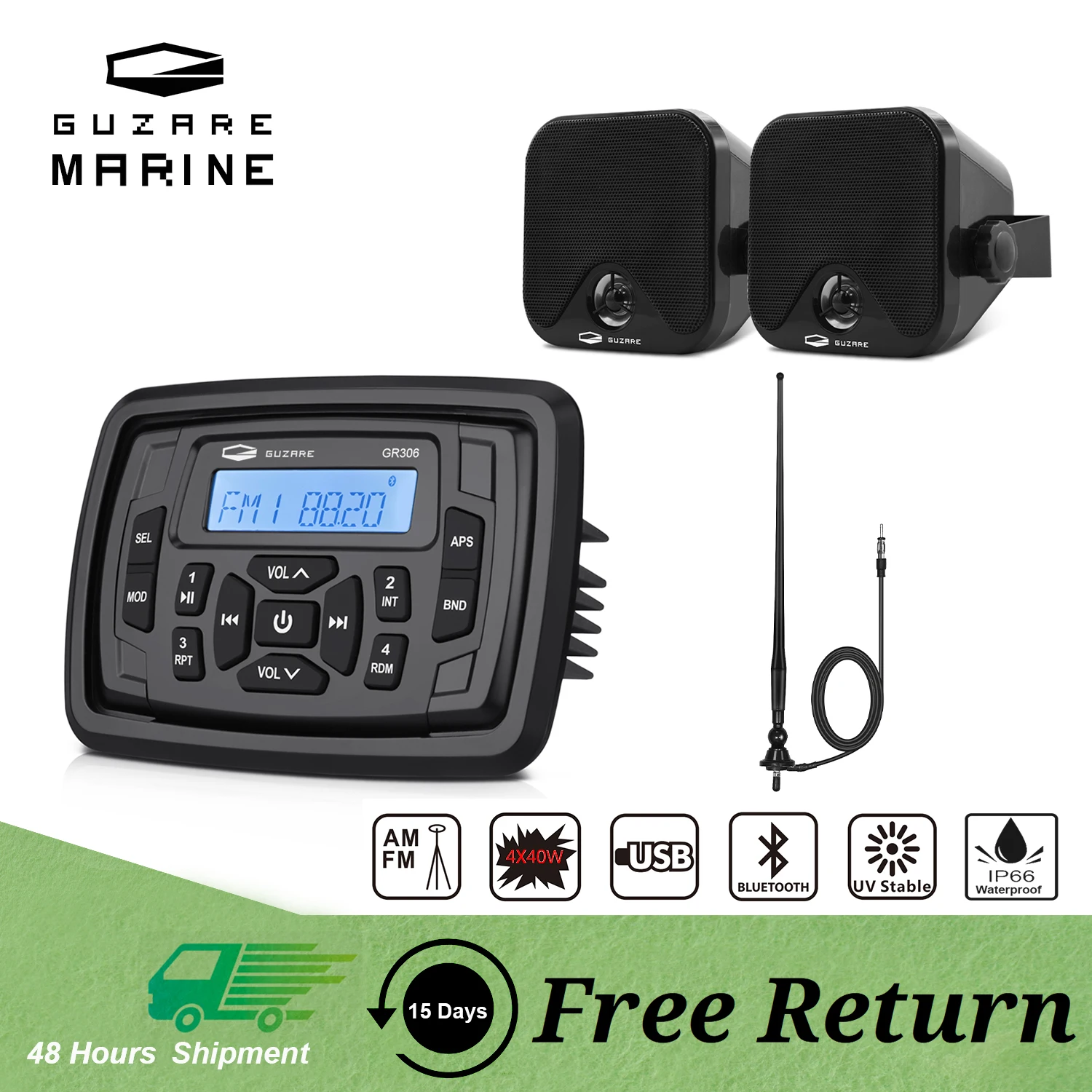 

GUZARE MARINE Stereo Radio GR306 + Boat Speakers GR301B + Waterproof Antenna 056B A Set Combo for RV Golf Cart ATV UTV