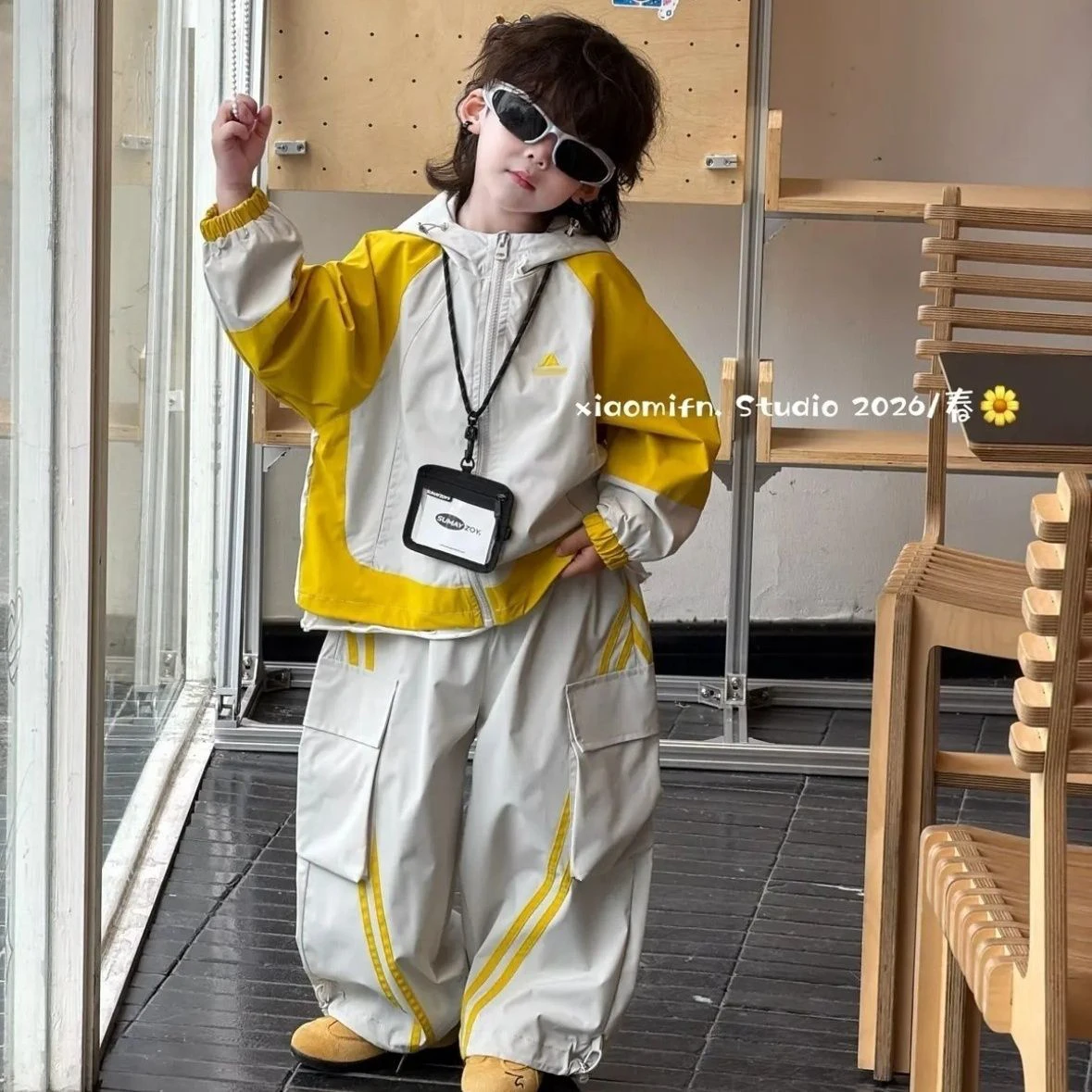 Spring Autumn Baby Boys Children Kids Fashion casual Thin Coat+Pocket Pants 2Pcs Set Handsome Yellow Hip hop Mountaineering suit