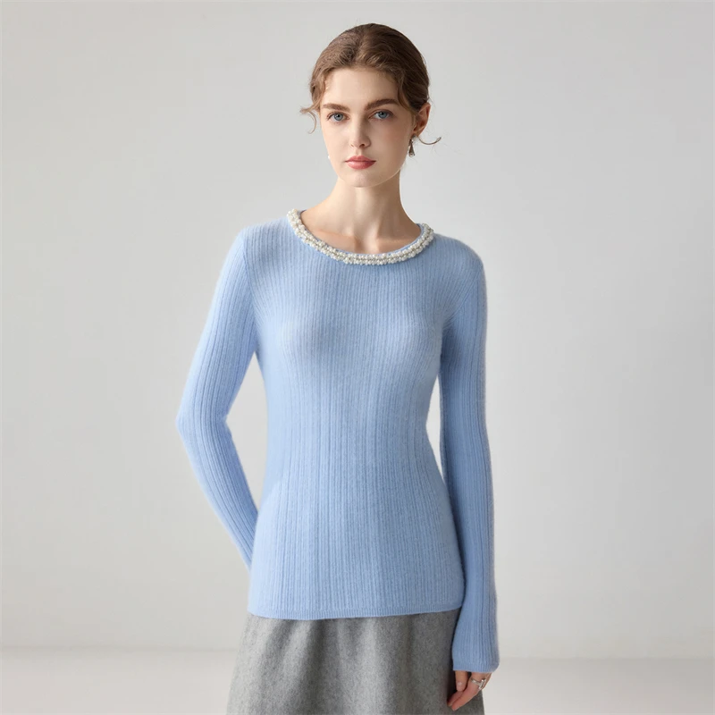 Soft Pure Cashmere Baby round Neck Pullover Sweater with Hand-Embroidered Beads Women's Base Layer Comfortable Knitwear