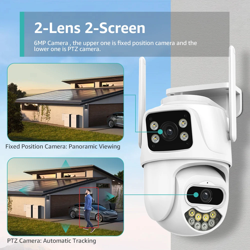 9MP 6MP Wifi Camera Outdoor PTZ Dual-Lens Dual-Screen Ai Humanoid Detection Auto Tracking Onvif Surveillance Camera iCSee App