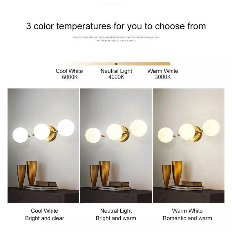 Modern 3-Light Globe Wall Gold Brass Horizontal Milk Glass LED Wall Lamp Bathroom Vanity Light for Mirror Bedroom Decor