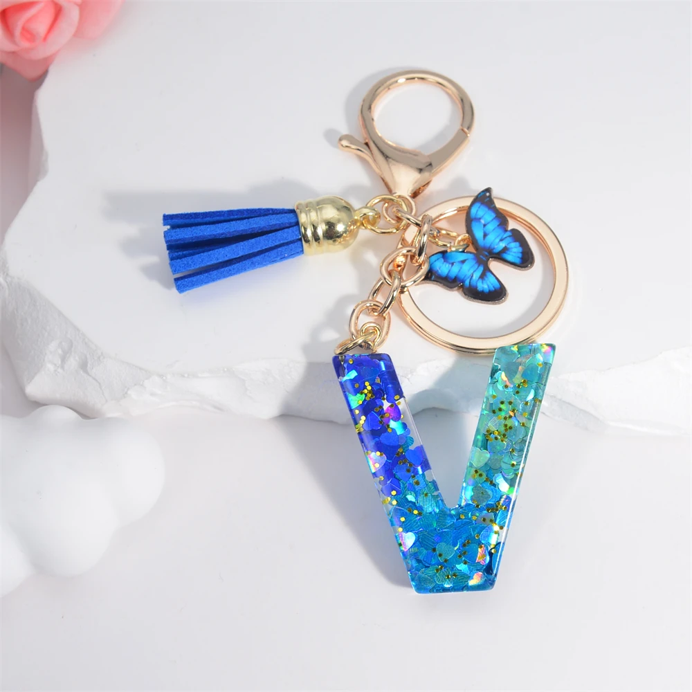 Schlüsselanhänger mit 26 englischen Alphabet-Buchstaben, Quasten, Kristall, Acryl, Schmetterling, Anhänger, Schlüsselanhänger, Geschenk, Modeschmuck, Accessoires