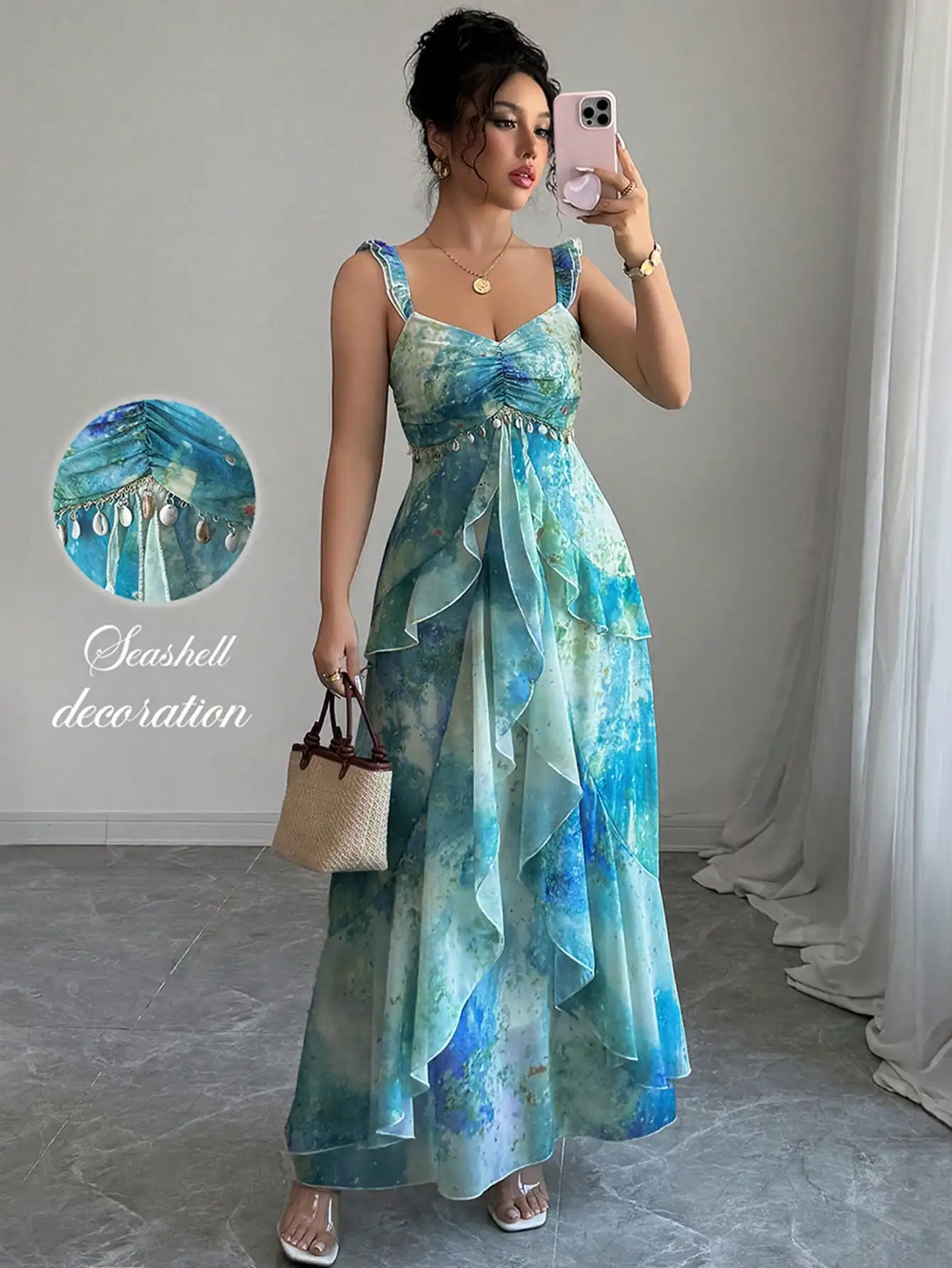 

Women's Watercolor Print Maxi Dress with Seashell Trim, Ruffle Layered Asymmetrical Hem