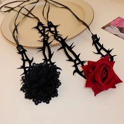 Retro Flower Adjustable Rope Collar Necklace Gothic Thorny Red Rose Choker Necklace For Halloween Cosplay Party Accessories