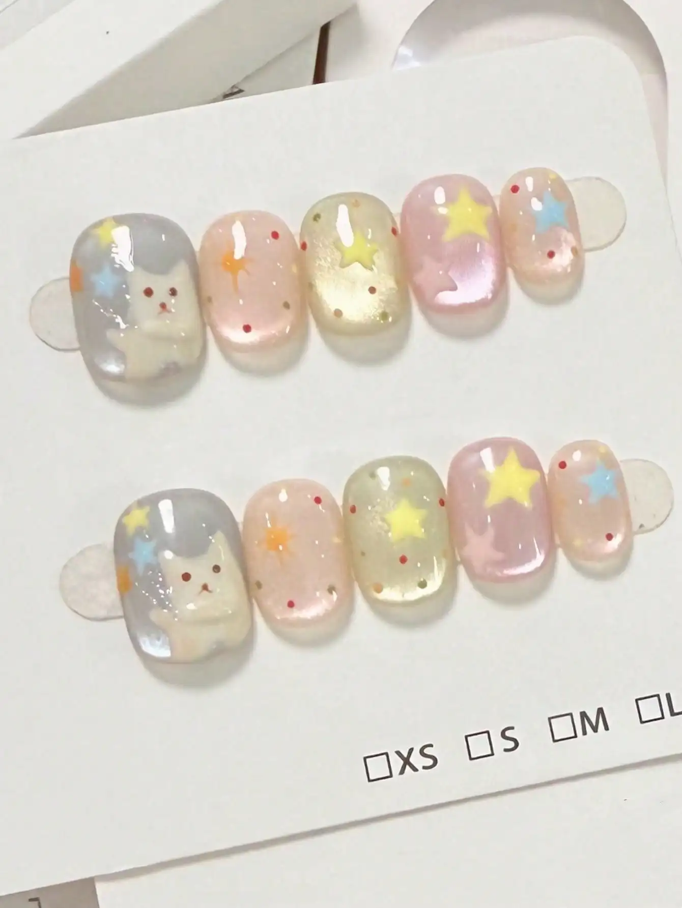 

10Pcs Handmade Cute Cat Star Press On Nails, Short Square Pearl Cat Eye False Nails for Girls Daily DIY