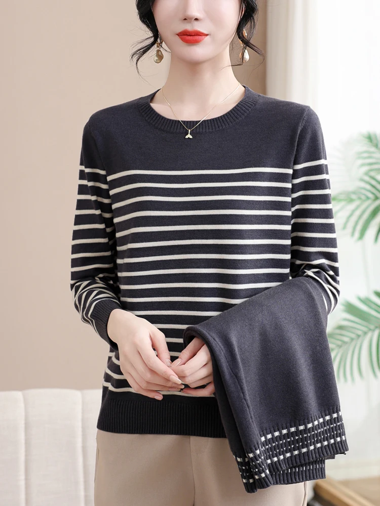 Sweater wanita motif garis-garis, setelan Sweater wanita, Sweater tarik wanita + kardigan Musim Semi dan Gugur, set dua potong