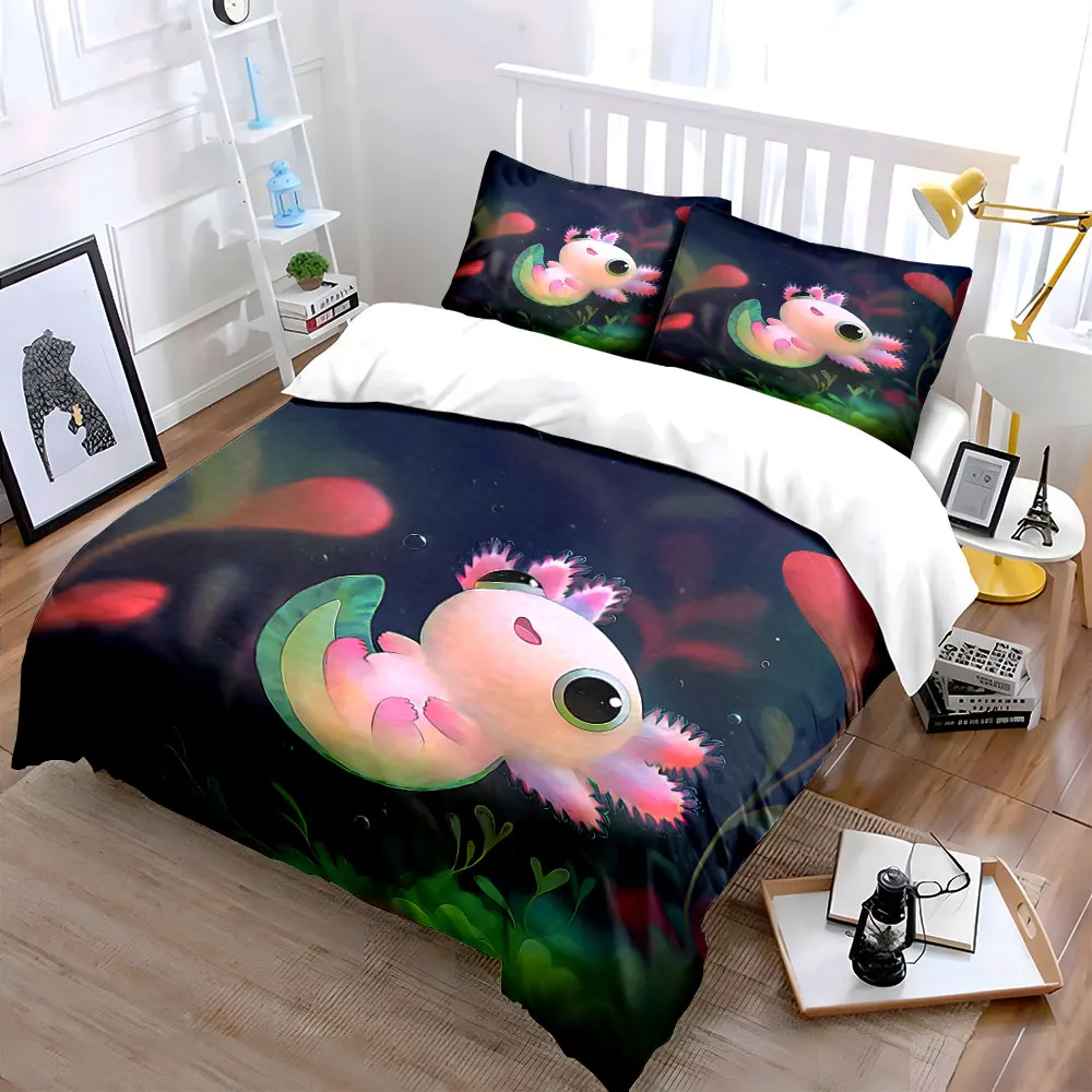 Cute Axolotl Illustration Decor Set Soft Skin-Friendly Bedding Set Includes 1 Duvet Cover And 2 Pillowcase, Gift