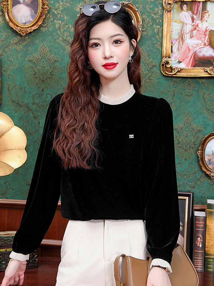 

Новая женская бархатная блузка с длинным рукавом для весны и осени, в стиле «Маленький французский шик», с эффектом омоложения, базовая, деревянная, для женщин