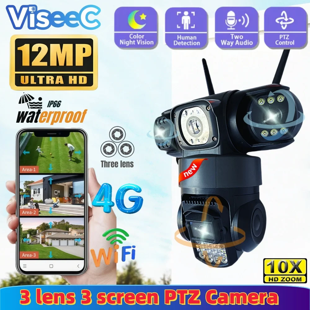 

12MP Three lens 6K wireless WIFI/4G Outdoor PTZ camera IP Auto Tracking Security Protection Camera Surveillance Waterproof CCTV
