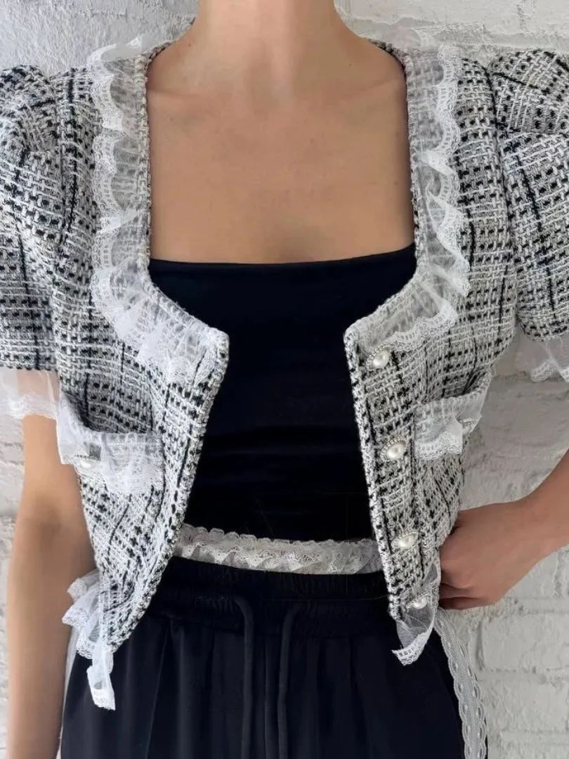 Or renda aparada gola quadrada retalhos design feminino jaet coreano sle retro bicolor sensação verão nova chegada