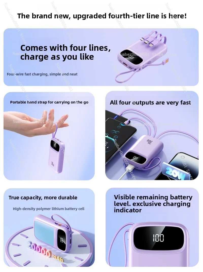 20000mAh ultra-high capacity power bank 10000mAh slim portable mini with built-in cable fast charging