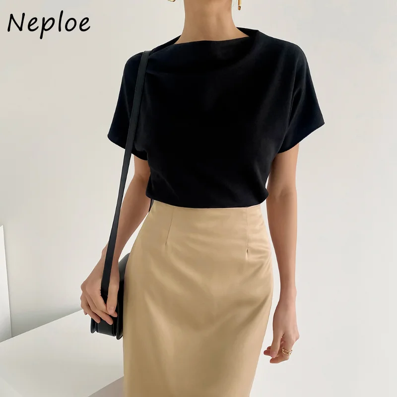 Neploe Fashion Niche Tees Ladies All-Match Pile Collar Back Neck Designed T-Shirts Solid Color French Elegant Temperament Tops