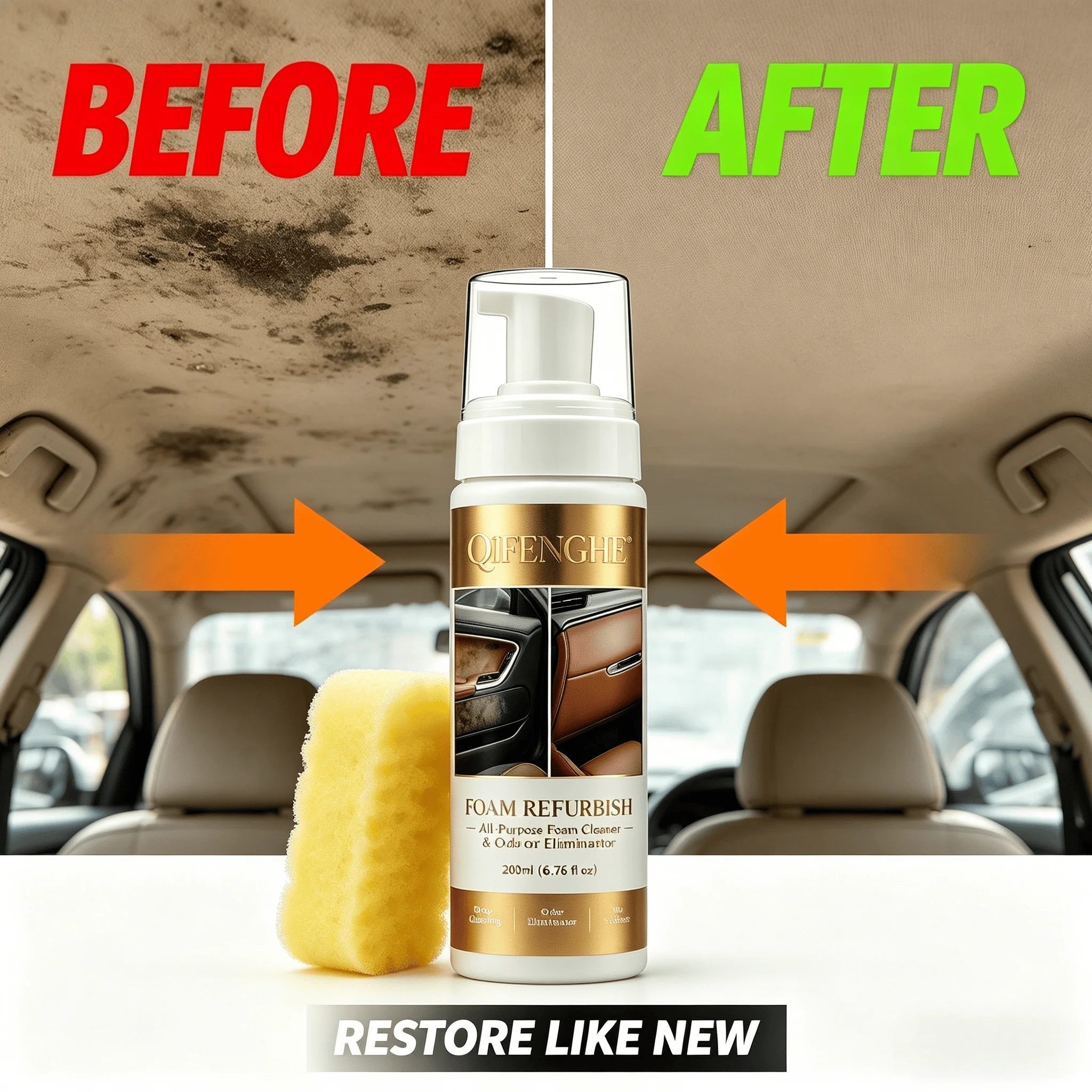 All-Purpose Auto Foam Refurbish Cleaner 200ML No Rinse Deep Cleansing Foam Deodorizer with Cleaning Sponge for Car Interior Plas