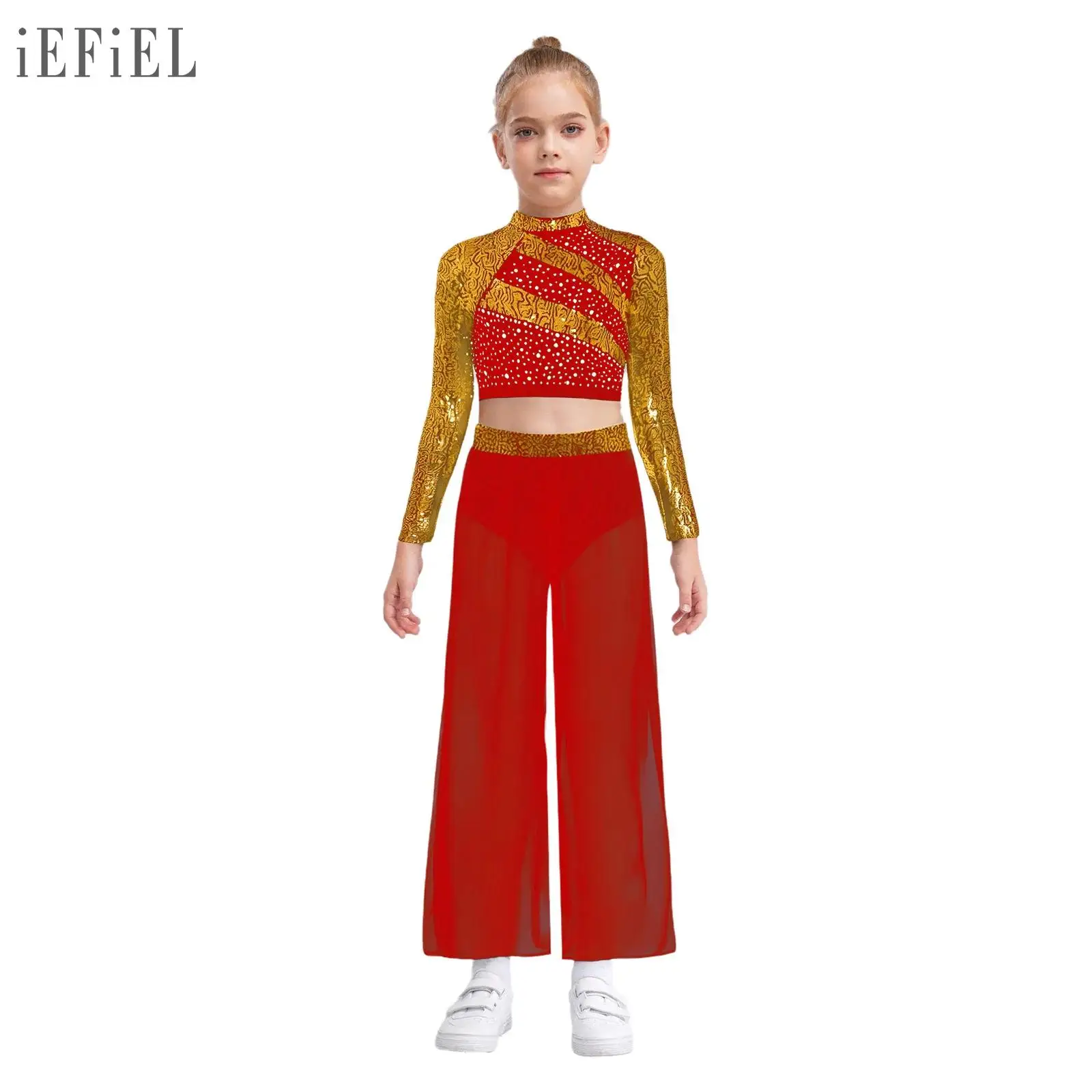 

Детские комплекты для лирических танцев для девочек, современная танцевальная одежда, укороченный топ с блестками и вырезом сзади, шифоновые танцевальные штаны с широкими боковыми разрезами