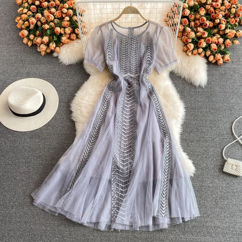 

Women's Lace Embroidery Dress, O-Neck, Short-Sleeved, Slim, Knee-Length, Elegant Female Clothing, Vintage, Top Quality, Summer