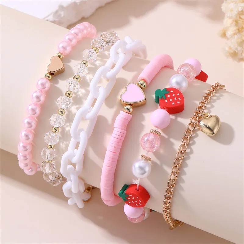 6pcs/set  Pink Heart Pendant Bracelet for Girls – Delicate Love Charms & Soft-Tone Beads in Whimsical Polymer Clay.