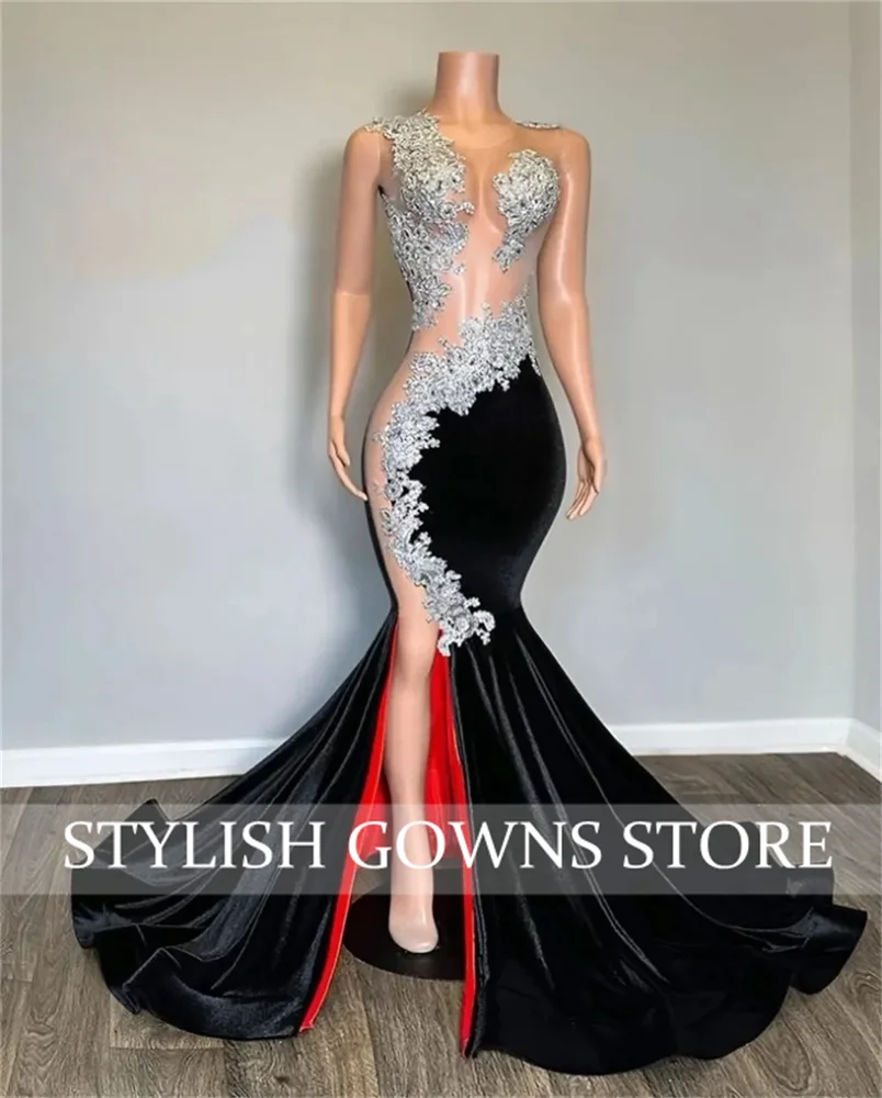 

Черное бархатное платье для выпускного вечера Русалка, серебряное, расшитое бисером и кристаллами, с разрезом и красной подкладкой для особых случаев, вечернее гала-платье по индивидуальному заказу