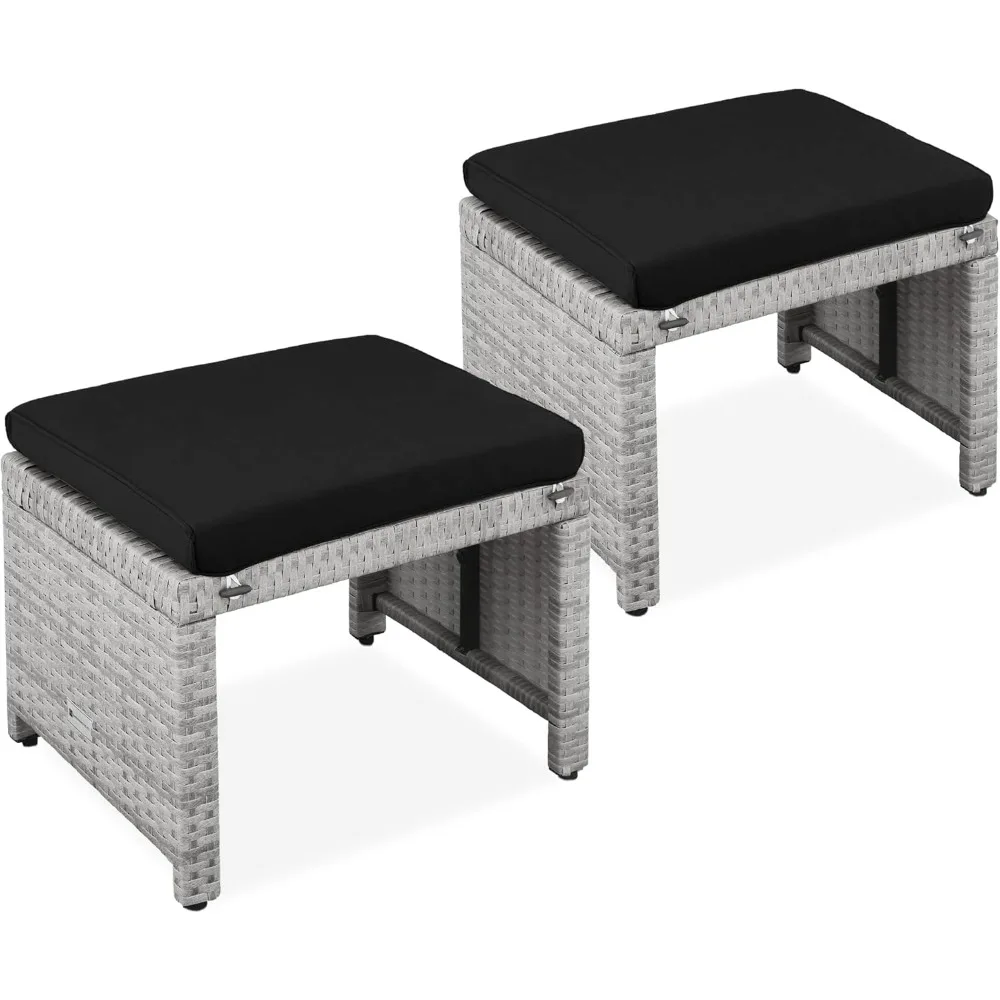 Set of 2 Wicker Ottomans, Multipurpose Outdoor Furniture for Patio, Backyard, Additional Seating, Footrest, Side Table